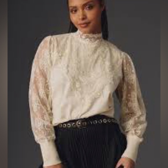 Anthropologie Tops - Tiny Cream Lace Blouse High Neck Embroidered Long Sleeve Top Size S